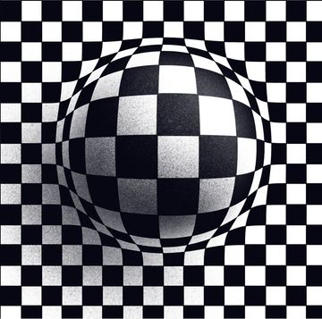 Black and white checkerboard bulging outward like a sphere, an original illustration by the author