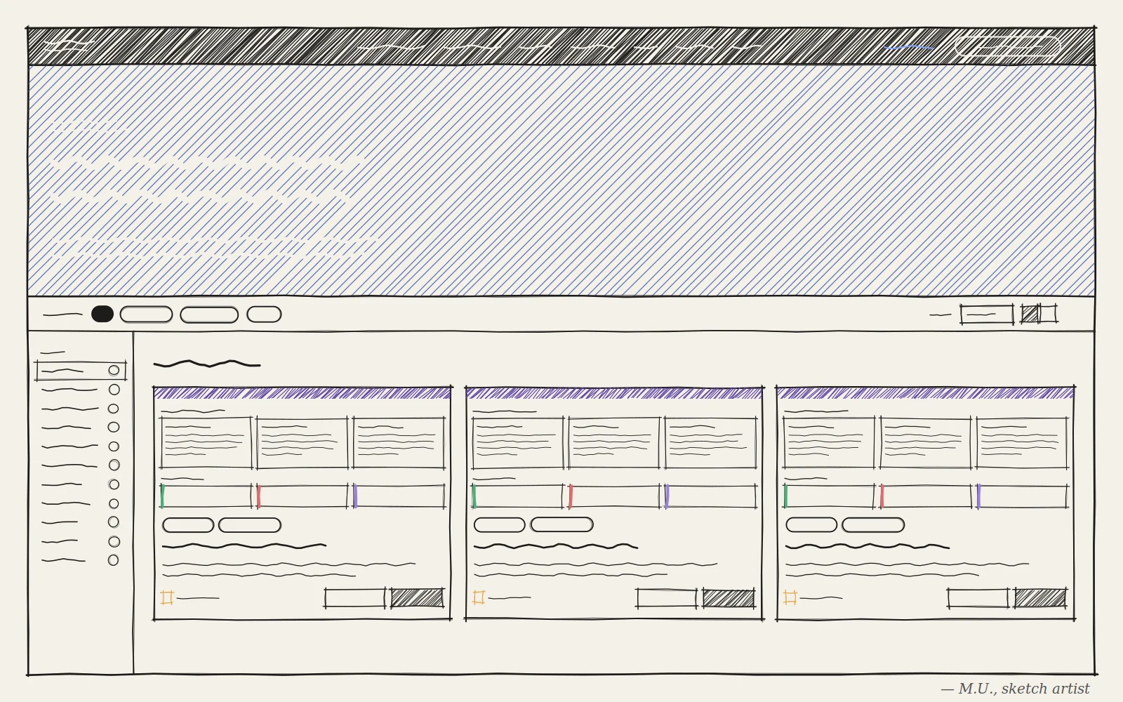 Hand-drawn sketch of an enablement hub page: a navigation bar, a colored hero, audience filter pills, a sidebar of content types and a grid of resource cards, with all text replaced by squiggles.