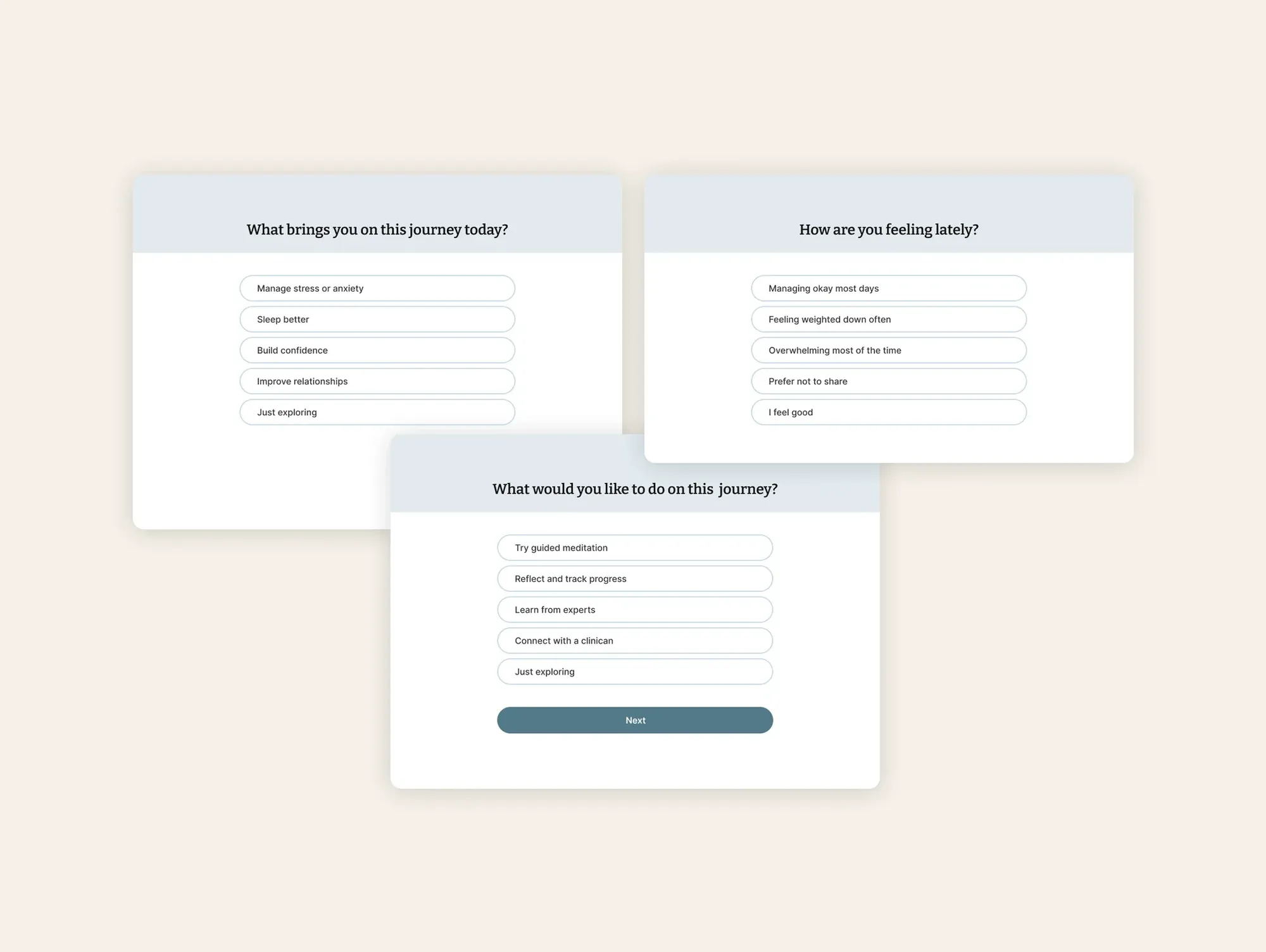 Three onboarding question cards: what brings you here, how you have been feeling lately, and what you would like to do