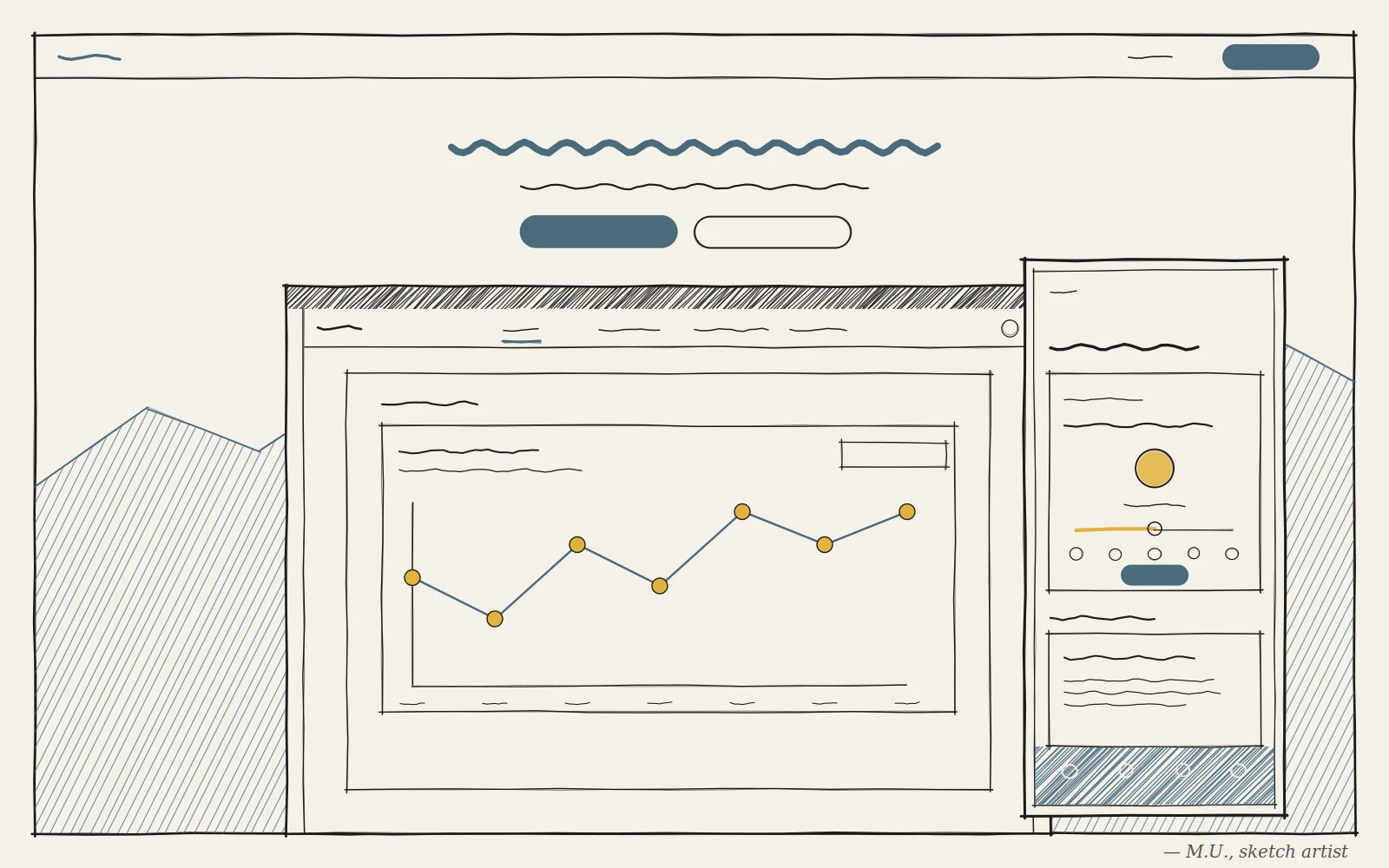 Hand-drawn sketch of the Path to Heal app: a laptop screen with a weekly mood chart beside a phone showing a daily check-in, in front of a mountain backdrop.