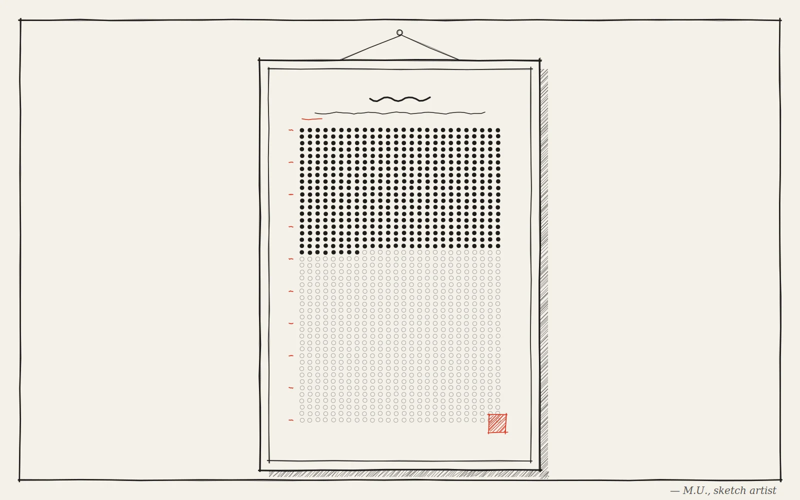 Hand-drawn sketch of the OneMore life calendar framed and hanging on a wall: a grid of dots, one for each week, with the top portion filled in and the rest outlined.